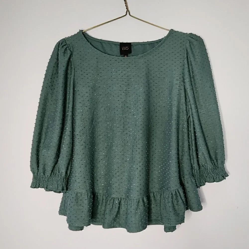W5 Green Chiffon Plaid Ruffle Blouse Size Medium